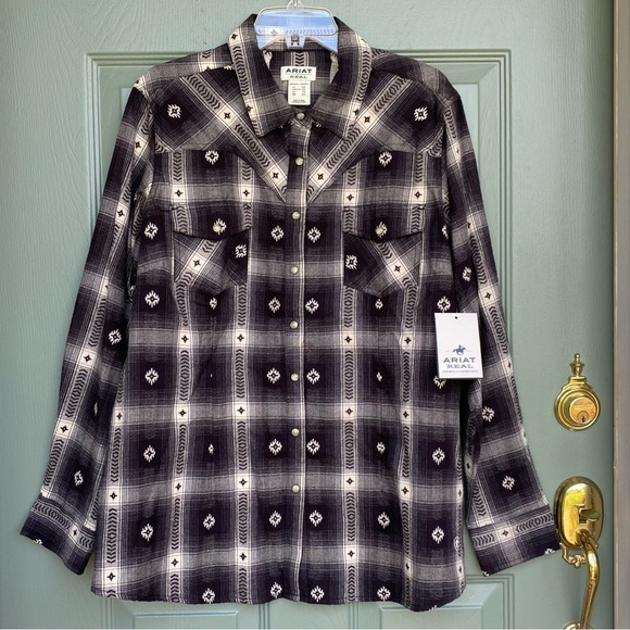 Ariat Tops - Women's ARIAT REAL Flannel Shirt Thunderstorm Plaid Aztec Dobby Size XXL Snap